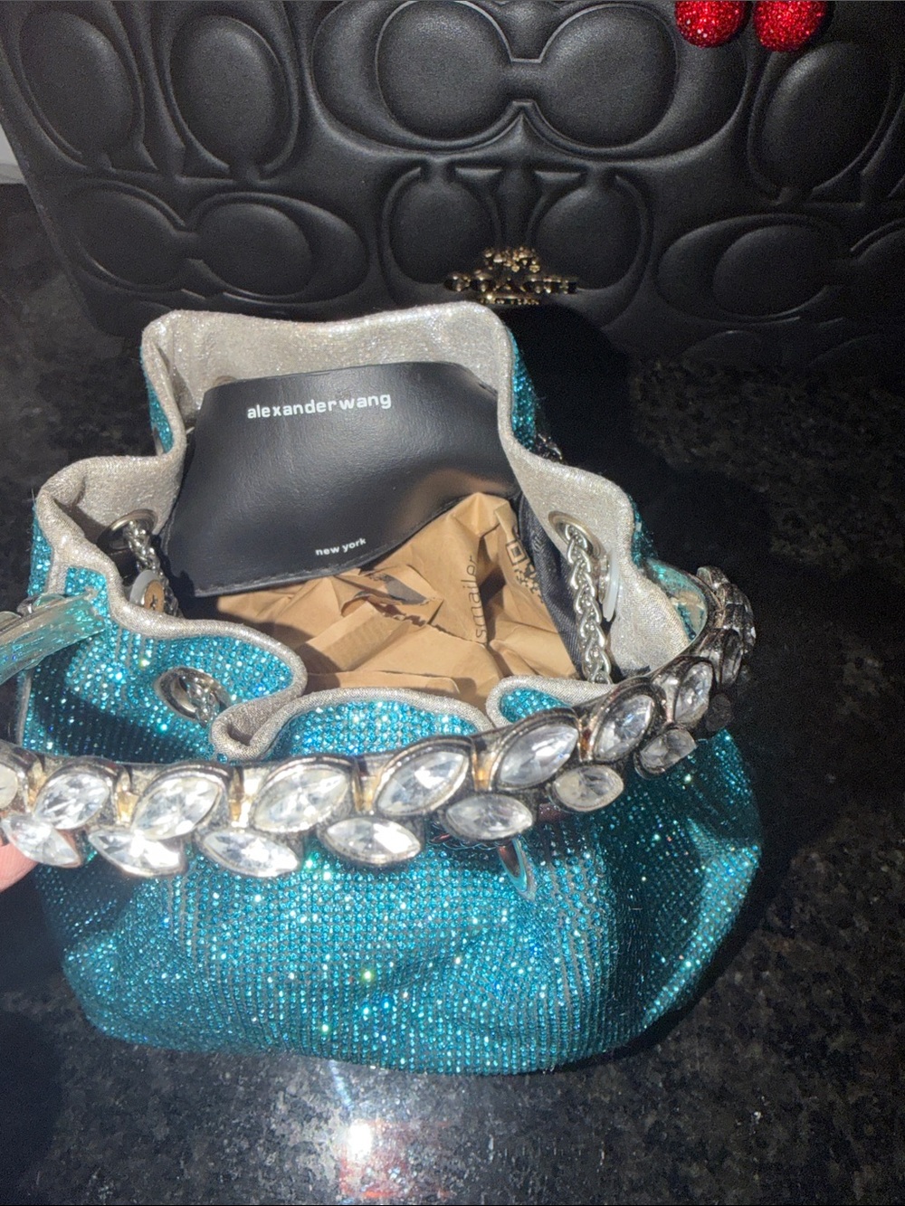 Alexander Wang Teal Crystal Mini Bucket Bag with Jeweled Chain